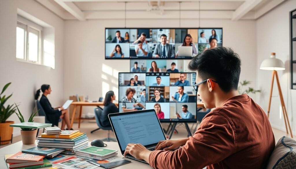 a sleek and modern online language learning platform, with a clean and intuitive user interface. In the foreground, a student is studying on a laptop, surrounded by vibrant and engaging educational materials such as textbooks, flashcards, and interactive exercises. The middle ground features a diverse group of learners from different backgrounds, engaged in virtual lessons and group discussions, facilitated by experienced instructors. The background showcases a minimalist and calming workspace, with natural lighting, warm tones, and a sense of productivity and focus. The overall atmosphere is one of productivity, collaboration, and a passion for language learning.
