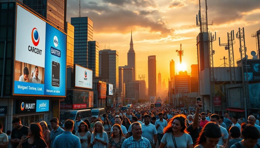 A bustling cityscape with towering skyscrapers and busy streets, showcasing the fierce competition in the telecommunications market. In the foreground, two telecom companies engage in a dynamic rivalry, their logos and branding prominently displayed on large billboards and digital screens. The scene is illuminated by a warm, golden-hued sunset, casting a vibrant glow over the urban landscape. The middle ground features a diverse array of consumers, some on their mobile devices, others engaged in lively discussions, representing the target audience for these telecom services. In the background, a network of communication towers and satellite dishes symbolize the technological infrastructure powering this competitive landscape. The overall mood is one of intensity, innovation, and the relentless pursuit of capturing market share.