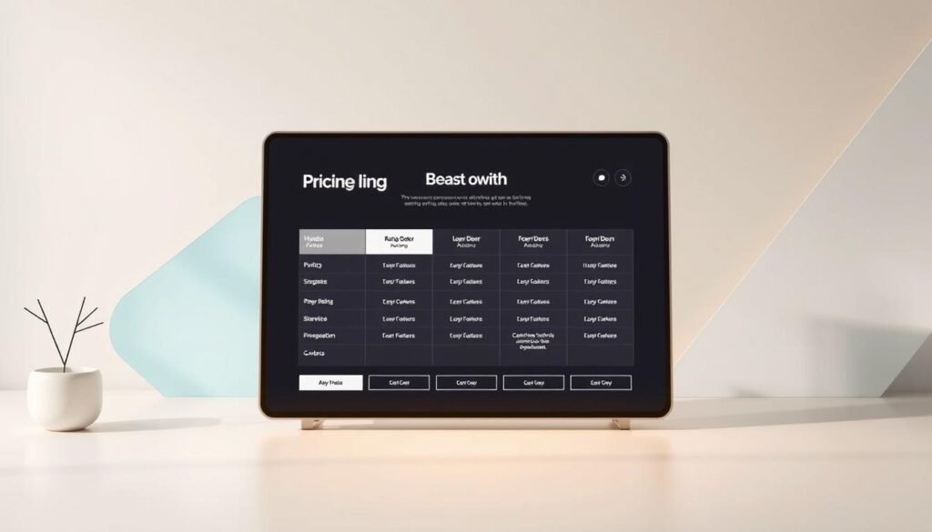 A clean, minimalist layout depicting a pricing plan breakdown for website creation services. The foreground showcases a digital display with a stylized price chart, highlighting various tiers and their corresponding features. The middle ground features abstract geometric shapes and subtle gradients, creating a modern, tech-savvy ambiance. The background is a soft, neutral palette, allowing the focal pricing information to take center stage. Warm lighting casts a professional, polished atmosphere, while the camera angle is slightly elevated to convey a sense of clarity and authority. The overall composition emphasizes the value proposition and pricing structure of the website creation service.