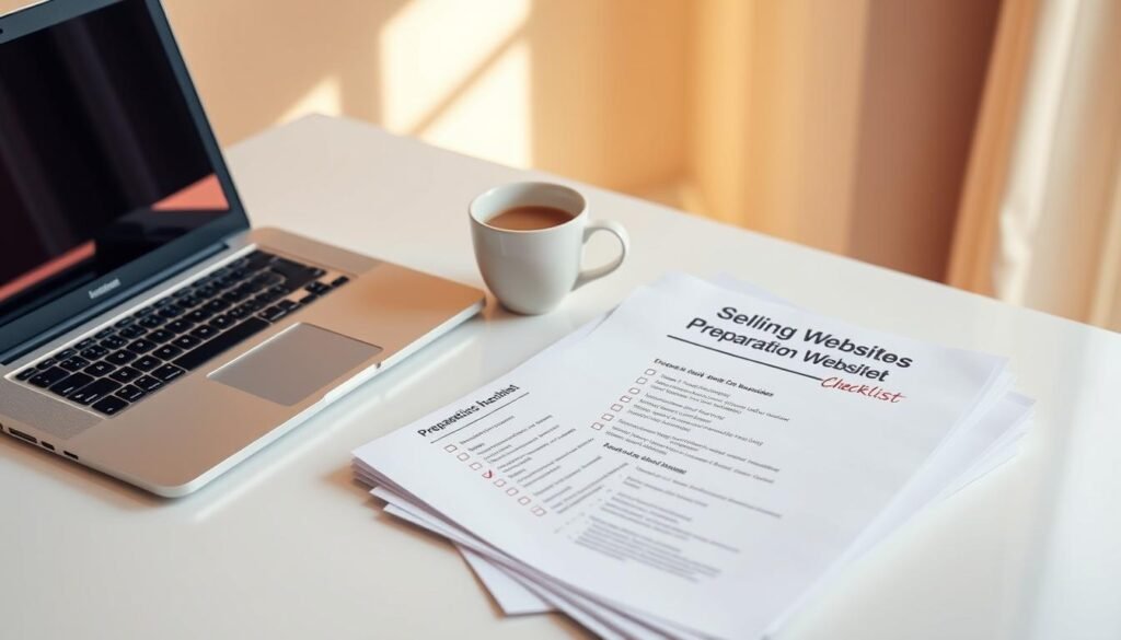 A clean, professional-looking desk set against a soft, neutral background. On the desk, a laptop, a cup of coffee, and a neatly organized stack of papers - a "Selling Websites Preparation Checklist" - with various checklists and notes scribbled on the pages. The lighting is warm and natural, creating a cozy, productive atmosphere. The angle is slightly elevated, giving a sense of order and focus. The overall scene conveys a sense of preparation, organization, and readiness to tackle the task of selling an online business.