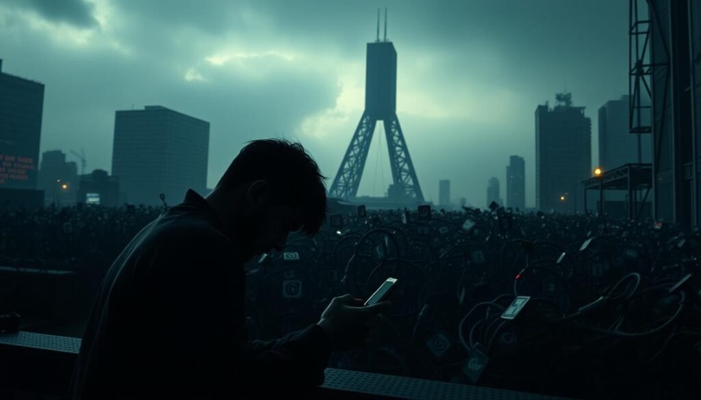 A dimly-lit, gritty urban scene depicting the challenges of learning Instagram. In the foreground, a person hunched over a smartphone, their expression one of frustration and confusion. The middle ground features a maze of tangled social media icons, casting an ominous shadow over the scene. In the background, a towering, monolithic platform looms, representing the overwhelming scale and complexity of the Instagram ecosystem. The lighting is harsh, with deep shadows and muted colors, conveying a sense of unease and the steep learning curve of navigating this digital landscape. The overall atmosphere is one of struggle and the feeling of being overwhelmed by the demands of social media.