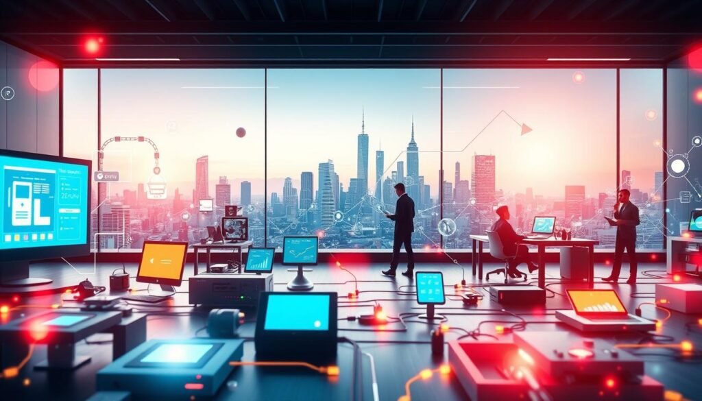 A dynamic and visually captivating scene depicting real-world automation use cases. In the foreground, a variety of interconnected digital devices and platforms come to life, showcasing their seamless integration and the power of automation. The middle ground features a bustling office environment, with workers collaborating effortlessly as their tasks are streamlined and optimized through automated workflows. In the background, a sleek and minimalist cityscape provides a futuristic backdrop, hinting at the boundless possibilities of technological advancement. Vibrant colors, clean lines, and a sense of harmony convey the efficiency and versatility of automation solutions. Soft, warm lighting illuminates the scene, creating a welcoming and inspiring atmosphere.