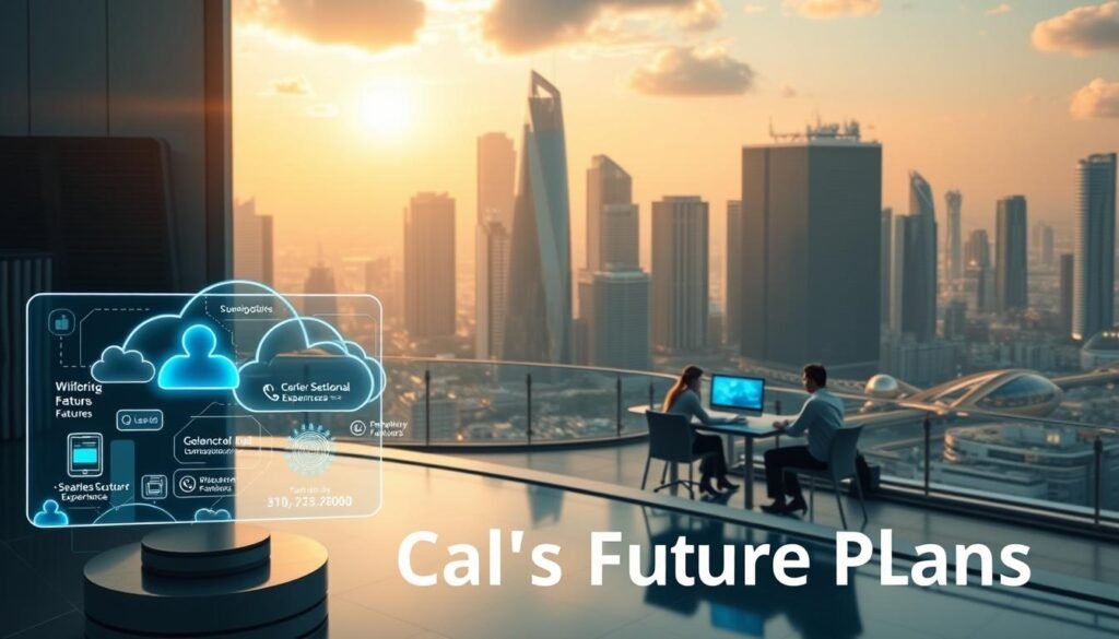 A futuristic landscape depicting KrispCall's cloud communication solutions. In the foreground, holographic displays showcase innovative features and seamless customer experiences. The middle ground features a sleek, minimalist office environment with employees collaborating using state-of-the-art cloud-based tools. In the background, a cityscape of gleaming skyscrapers and a vibrant, connected infrastructure symbolize KrispCall's vision for the future of cloud communications. Warm, diffused lighting creates a sense of optimism and progress. The overall composition conveys a sophisticated, technology-driven atmosphere aligned with KrispCall's brand and the section title "KrispCall's Future Plans".