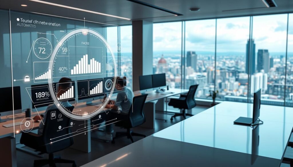 A high-resolution image of the benefits of business process automation, showcasing a serene office environment with sleek, minimalist workstations. The foreground features a holographic display depicting various productivity metrics and automation workflows, glowing with a warm, futuristic light. The middle ground shows employees collaborating seamlessly, their tasks streamlined by intelligent software systems. In the background, a panoramic view of a bustling cityscape reflects the efficiency and growth enabled by the automation of commercial operations. The overall atmosphere conveys a sense of modern, technology-driven progress and the value of optimizing business processes.