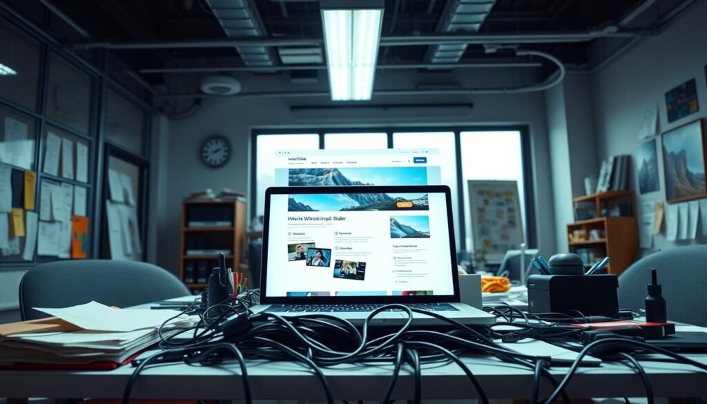 A modern, high-tech office interior with a large desk, a laptop, and various office supplies. The desk is cluttered with various cables, papers, and other work materials, suggesting the limitations and complexities of website building tools. The laptop screen displays a website builder interface, its limitations and constraints evident in the user interface. The lighting is bright and directional, creating a sense of focus and intensity. The camera angle is slightly elevated, giving a broad view of the workspace and emphasizing the cluttered, overwhelming nature of the website building process.