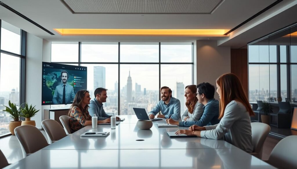 A modern, minimalist office interior with clean lines and a warm, inviting atmosphere. In the foreground, a group of colleagues engaged in a lively discussion around a conference table, their expressions animated as they collaborate in real-time. The middle ground features a large, high-resolution digital display showcasing a messaging interface, with intuitive controls and seamless integration with various devices. The background is a panoramic view of the city skyline, hinting at the global reach and connectivity of the business. Soft, directional lighting casts a subtle glow, creating a sense of productivity and professionalism. The overall scene conveys the efficiency, collaboration, and responsiveness of a cutting-edge business messaging solution.