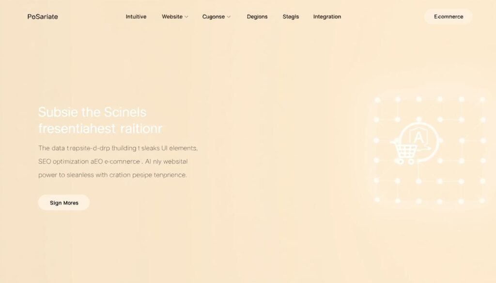 A modern, minimalist web interface with a clean layout and crisp typography. In the foreground, intuitive drag-and-drop website building tools, sleek UI elements, and customizable templates. The middle ground showcases responsive mobile design, SEO optimization, and e-commerce integration. In the background, a subtle AI icon and a glowing grid symbolizing the advanced AI-powered algorithms powering the seamless website creation experience. The scene is bathed in warm, ambient lighting, conveying a sense of professionalism and technological sophistication.
