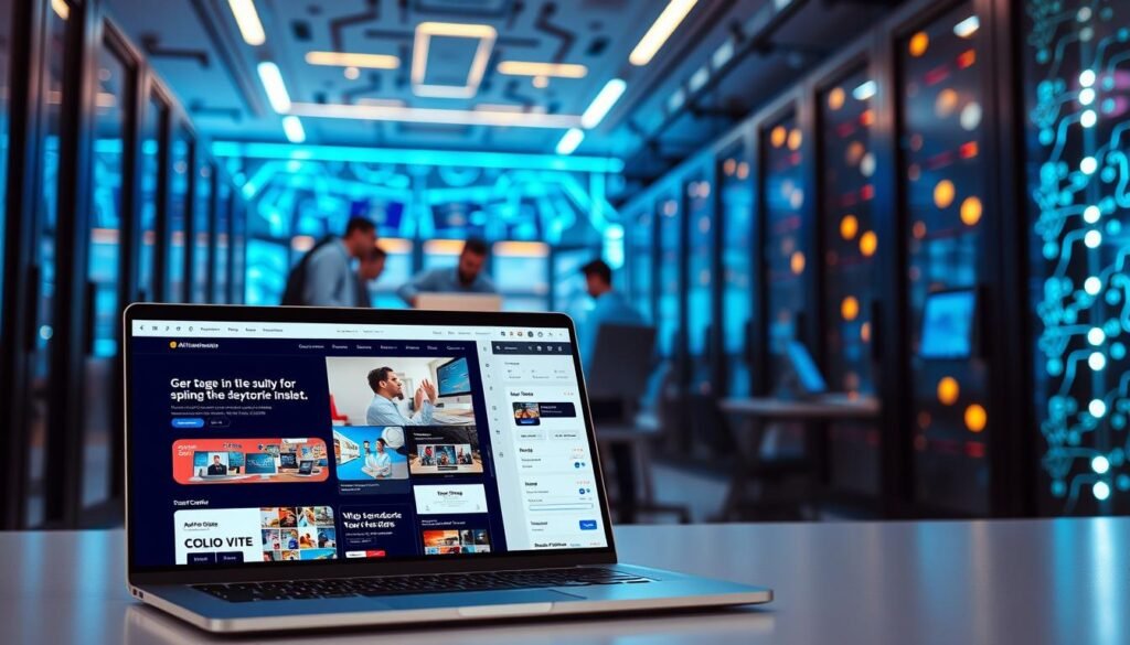 A modern, minimalist website with a sleek, customizable user interface. The foreground features a laptop display showcasing various website templates and design elements that can be personalized, including typography, color schemes, and layout options. In the middle ground, a team of developers collaborates, their laptops open as they refine the website's functionality and responsiveness. The background depicts a futuristic, AI-powered server room, with glowing monitors and intricate circuitry, symbolizing the advanced technology powering the website customization process. The overall atmosphere is one of innovation, efficiency, and the seamless integration of human and artificial intelligence.
