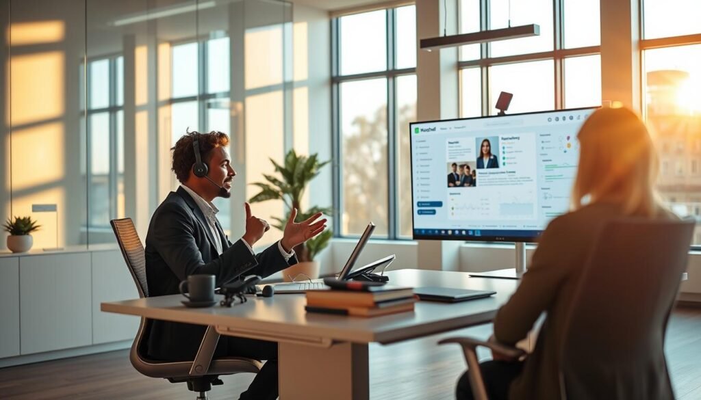 A modern office interior with a customer support agent working diligently at a sleek, minimalist desk. The room is bathed in warm, natural lighting streaming through large windows, creating a calming and productive atmosphere. The agent, dressed in smart, professional attire, is engaged in a video conference, gesturing expressively as they discuss Nutshell.com's intuitive customer relationship management features with a client. In the background, a large display showcases Nutshell.com's user-friendly interface, highlighting its seamless workflow and data visualization capabilities. The scene conveys Nutshell.com's commitment to efficient, personalized customer service and its innovative, technology-driven approach to CRM.