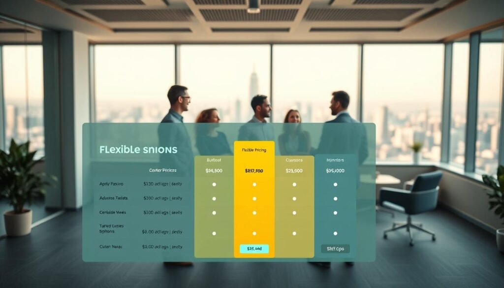 A modern office space with a vibrant, minimalist aesthetic. In the foreground, a flexible pricing chart featuring customizable shipping plan options, represented by subtly glowing icons and sleek typography. The middle ground showcases a group of diverse business owners engaged in friendly discussion, conveying the idea of tailored solutions for enterprises of all sizes. In the background, a panoramic window offers a view of a bustling cityscape, bathed in warm, directional lighting that casts a soft, professional glow throughout the scene. The overall mood is one of efficiency, collaboration, and the empowerment of businesses through adaptable shipping strategies.