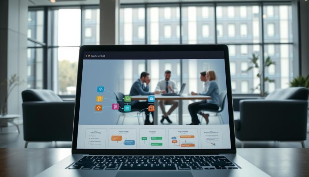 A modern office space with sleek, minimalist furniture and large windows letting in natural light. In the foreground, a laptop screen displays a visual workflow diagram, with colorful icons and arrows representing various business processes. The middle ground features a team of professionals collaborating around a conference table, discussing and optimizing their workflows using a digital automation platform. In the background, the office building exterior is visible, conveying a sense of a thriving, dynamic business environment. The scene emanates a sense of efficiency, productivity, and a commitment to streamlining operations through the power of automation.