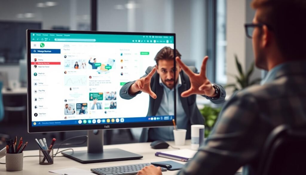 A modern office workspace with a computer monitor displaying the WhatsApp Business platform, highlighting its limitations. The screen shows a cluttered interface with many tabs and notifications, suggesting the platform's complexity and lack of streamlined functionality. In the foreground, a frustrated office worker gestures towards the screen, expressing their dissatisfaction with the platform's shortcomings. The middle ground features a desk with various office supplies, creating a sense of a professional environment. The background is softly blurred, adding depth and emphasis to the central elements. The lighting is a mix of natural and artificial, creating a subtle, moody atmosphere that reflects the user's frustration with the platform's limitations.
