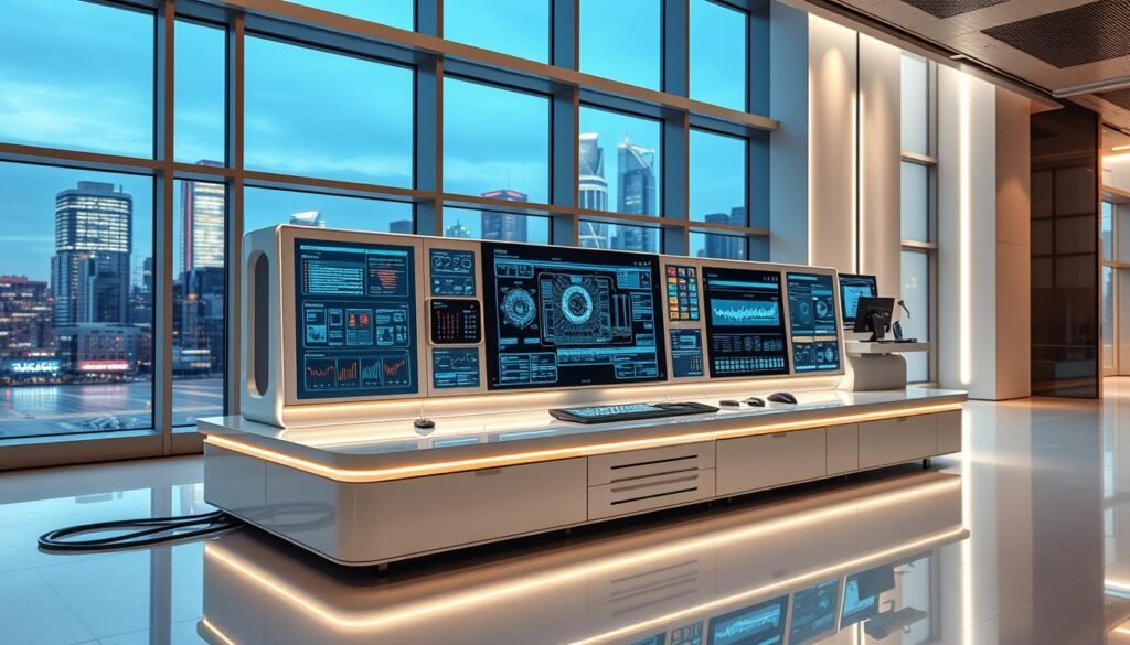 A modern, sleek automation platform with a clean, minimalist user interface. Glowing digital panels and screens display real-time data and process flows. Elegant metallic accents and soft ambient lighting create a professional, high-tech atmosphere. The platform is situated in a futuristic, minimalist office setting with large windows overlooking a vibrant cityscape in the background. Careful camera angles and depth-of-field focus draw the viewer's attention to the central automation interface. The overall impression is one of efficiency, sophistication, and technological prowess.