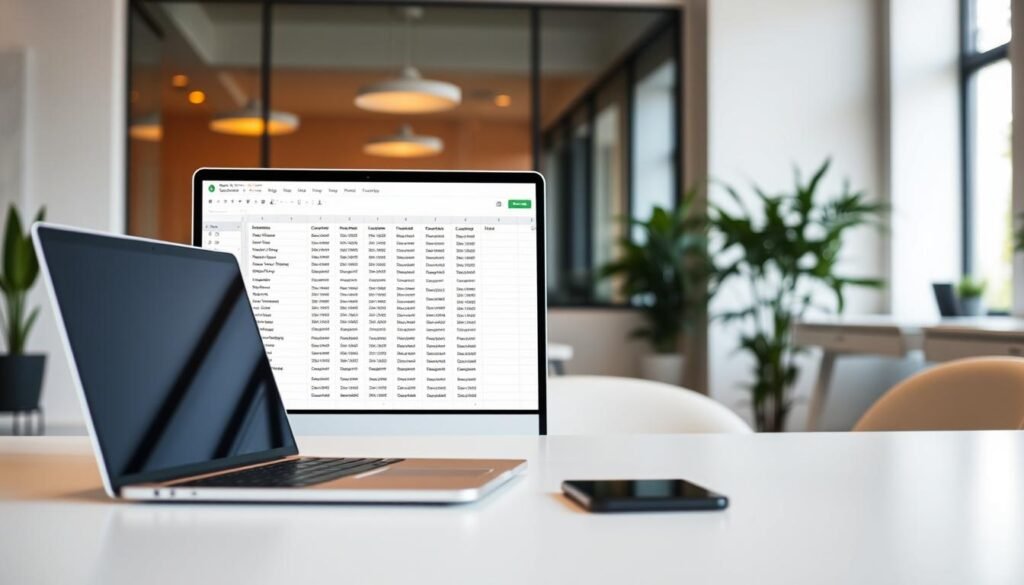 A neatly arranged digital workspace featuring a central Google Sheets spreadsheet, showcasing contact data seamlessly synced across various applications. The spreadsheet is illuminated by warm, focused lighting, creating a sense of efficiency and organization. In the foreground, sleek, modern office devices such as a laptop and smartphone are integrated, highlighting the integration between Sheets and other productivity tools. The background depicts a minimalist, clean office environment, with subtle hints of greenery and natural elements to convey a sense of balance and professionalism. The overall composition emphasizes the smooth, effortless integration of Google Sheets within a cohesive, technology-driven business workflow.