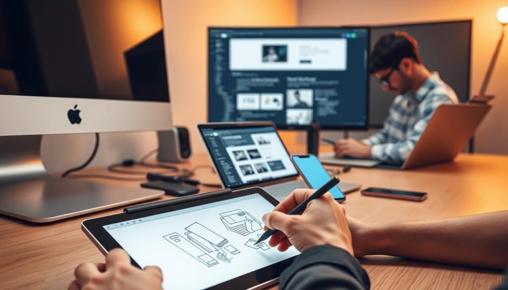 A neatly organized workspace with a sleek desktop computer, a tablet, and a smartphone showcasing various web design tools and workflows. In the foreground, a designer is sketching ideas on a digital drawing pad using a stylus, while in the middle ground, a developer is coding on a laptop with a clean, minimal IDE. The background features a large monitor displaying a responsive web design layout, highlighting the seamless integration of design and development processes. The scene is illuminated by warm, directional lighting, creating a productive and professional atmosphere. The overall image conveys the benefits of a cohesive web design workflow, enabling efficient collaboration and iteration.