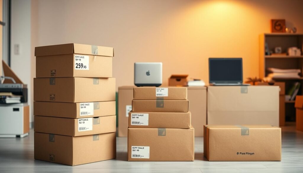 A neatly stacked pile of cardboard shipping boxes in the foreground, displaying discounted price tags. In the middle ground, a shipping scale and packing materials like bubble wrap and packing tape. The background features a minimalist office setting with a desk, laptop, and office supplies, all bathed in warm, diffused lighting that creates a sense of professionalism and productivity. The overall scene conveys the idea of streamlined, cost-effective shipping solutions, with a focus on the discounted rates that are the central theme of the section.