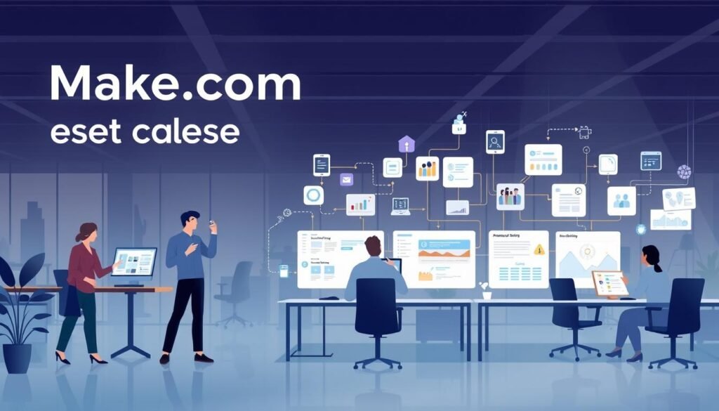 A professional and dynamic-looking illustration showcasing the best use cases for the Make.com automation platform. Set in a sleek, modern office environment with clean lines and soft lighting, the image should depict a variety of common business workflows being automated through the platform, such as data entry, customer service, and marketing campaigns. The foreground should feature individuals interacting with the Make.com interface on various devices, while the middle ground shows the automation processes in action, with visualizations of data flows and task completion. The background should convey a sense of efficiency and productivity, with other office activities and technology visible. The overall mood should be one of streamlined, intelligent automation elevating the performance of the business.