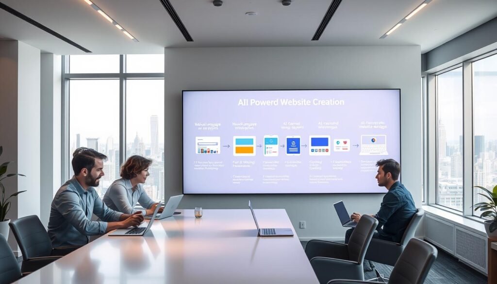 A serene, modern office setting with a large wall-mounted display showcasing the AI-powered website creation process. In the foreground, a team of software engineers collaborate around a sleek table, laptops open, gesticulating as they discuss algorithms and wireframes. Soft, directional lighting casts a warm glow, complementing the minimalist decor. In the middle ground, the display depicts a step-by-step visualization of the SitesGPT.com workflow - from natural language prompts, to AI-generated website designs, to final website deployment. The background features floor-to-ceiling windows overlooking a picturesque cityscape, conveying a sense of technological innovation within a vibrant urban landscape.