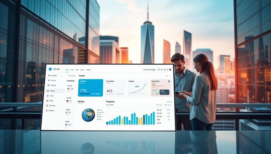 A sleek and modern CRM platform for seamless sales and customer management. The foreground showcases a clean dashboard interface with intuitive navigation, CRM tools, and analytics. The middle ground features a team of professionals collaborating on customer data and pipeline management. The background depicts a cityscape with skyscrapers, reflecting the enterprise-level capabilities of the CRM solution. The scene is illuminated by warm, directional lighting, conveying a sense of efficiency, productivity, and technology-driven business success.