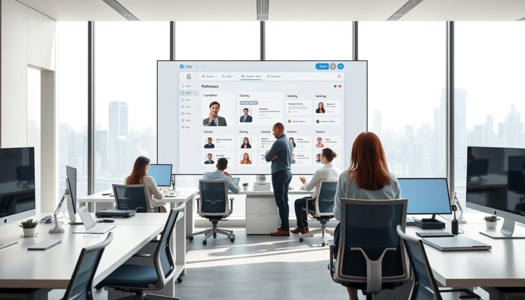 A sleek and modern office workspace with a large central display showcasing a user-friendly interface for a smart hiring platform. The foreground features ergonomic desks, chairs, and other office equipment in a minimalist, clean aesthetic. The middle ground depicts professionals interacting with the platform, reviewing candidate profiles and scheduling interviews. The background presents an airy, well-lit environment with floor-to-ceiling windows overlooking a bustling city skyline. Soft, directional lighting creates a sense of professionalism and efficiency, while the overall composition conveys the power of an innovative, AI-driven hiring solution.
