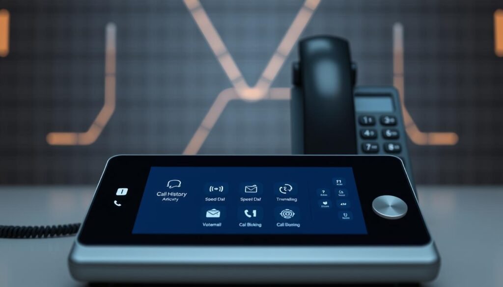 A sleek and modern virtual landline interface with intuitive controls. The foreground features a minimalist touchscreen display showcasing key functionalities like call history, speed dial, and voicemail. In the middle ground, high-resolution icons represent services like call forwarding, three-way calling, and call blocking. The background has a subtle, futuristic grid pattern with muted accent lighting, conveying a sense of technological sophistication. The overall scene is captured with a shallow depth of field, crisp focus, and balanced, neutral lighting to highlight the device's streamlined, premium design.