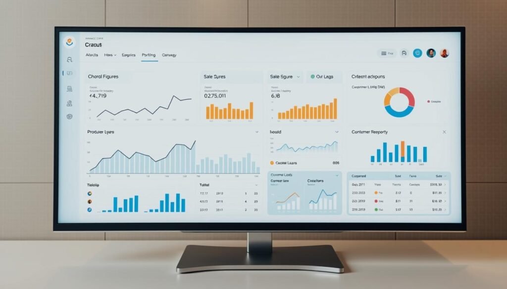 A sleek, modern CRM dashboard with advanced reporting features. Displayed on a high-resolution screen, the dashboard showcases a clean, minimalist design with intuitive data visualizations. In the foreground, a line graph tracks key performance metrics over time, while a bar chart compares sales figures across different product categories. In the middle ground, a detailed breakdown of customer leads and conversion rates is presented in a series of interactive charts and tables. The background features a subtle grid pattern and muted color palette, creating a sense of professionalism and sophistication. Lighting is soft and even, with a warm, inviting tone that enhances the clarity and legibility of the data. The camera angle is positioned slightly above eye level, giving the viewer a comprehensive overview of the dashboard's functionality and capabilities.
