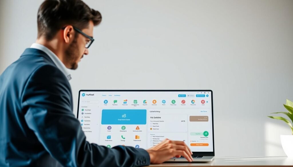 A sleek, modern desktop interface showcasing the intuitive user experience of Nutshell.com's customer relationship management platform. In the foreground, a professional user interacts with a clean, well-organized dashboard, navigating seamless workflows and actionable insights. The middle ground features crisp, high-resolution icons and UI elements, conveying a sense of efficiency and user-friendliness. In the background, a subtle gradient backdrop sets a tone of simplicity and sophistication. Soft, natural lighting illuminates the scene, highlighting the platform's elegant design and emphasizing the effortless integration of technology into the user's workflow.