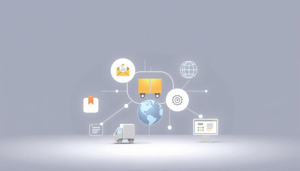 A sleek, modern illustration showcasing the integrated shipping features of Shippo. Set against a clean, minimalist background, the foreground depicts a series of interconnected shipping-related icons and graphics, including a package, a shipping truck, a globe, and a tracking interface. The middle ground features a dynamic layout with smooth transitions between these elements, conveying the seamless integration of Shippo's shipping services. Subtle yet impactful lighting creates depth and emphasizes the cohesive nature of the design. The overall aesthetic is professional, streamlined, and reflects the efficiency and convenience of Shippo's shipping capabilities.