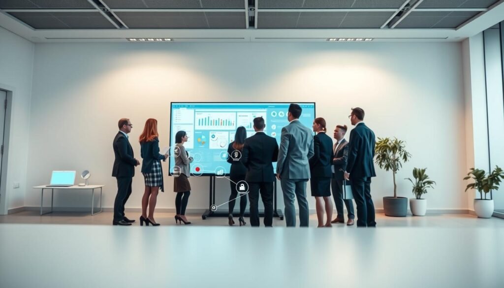 A sleek, modern office setting with a focus on employment management integration. In the foreground, a group of business professionals collaborate around a large, interactive display screen, discussing data visualizations and workflow diagrams. The middle ground features an array of interconnected devices and software platforms, symbolizing the seamless integration of HR tools. The background showcases a minimalist, well-lit workspace with clean lines and neutral tones, conveying a sense of efficiency and professionalism. Soft, diffused lighting creates a warm, productive atmosphere, while the camera angle provides a dynamic, three-quarter view to capture the collaborative nature of the scene.