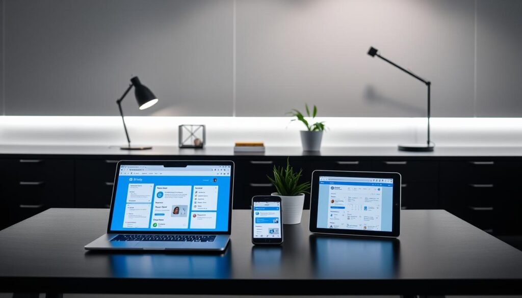 A sleek, modern office setting with a large desk showcasing various digital devices and software interfaces. The foreground features a laptop, smartphone, and tablet arranged neatly, each displaying CRM integration screens for email, calendar, and other productivity apps. The middle ground includes a stylish desk organizer, a minimalist desk lamp, and a potted plant, creating a cohesive and visually appealing workspace. The background is illuminated by soft, indirect lighting, highlighting the clean, professional aesthetic. The overall composition conveys efficiency, organization, and the seamless integration of CRM tools into a workflow.