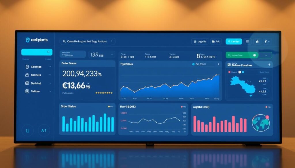 A sleek, modern tracking portal displays real-time shipment data on a large, high-resolution dashboard. The interface features clean, minimalist design with intuitive navigation controls. Crisp, high-contrast typography and dynamic charts and graphs provide at-a-glance insights into order status, delivery timelines, and logistics analytics. Subtle ambient lighting casts a warm glow, creating a professional, tech-forward atmosphere. The portal is presented from a slightly elevated, frontal angle to convey a sense of accessibility and user-friendliness. Overall, the image evokes a seamless, efficient shipping experience tailored to the needs of a thriving business.