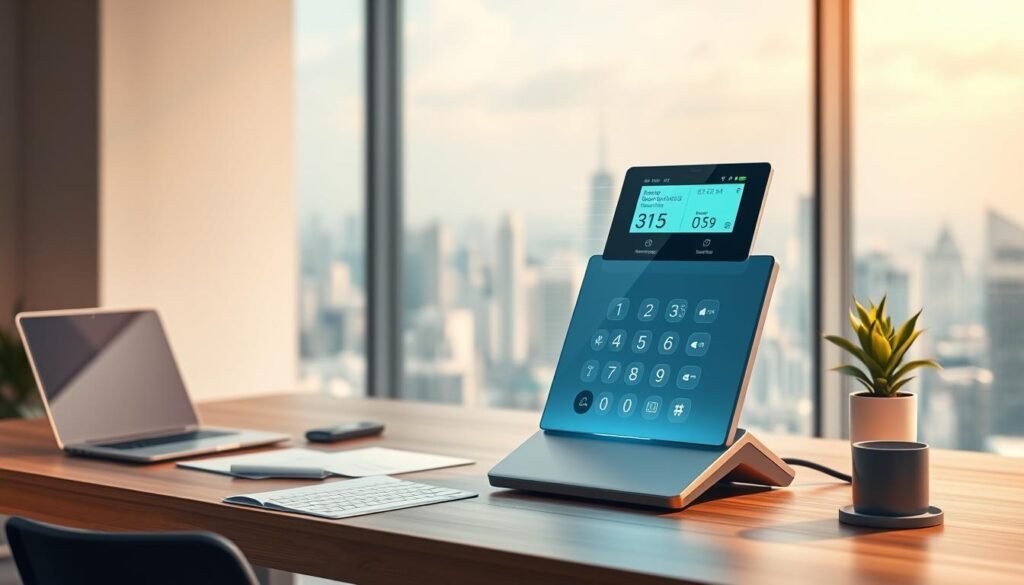 A sleek, modern virtual landline telephone system for small businesses, set against a minimalist office backdrop. The phone's holographic interface hovers above a metallic base, glowing softly with digital readouts. The mid-ground showcases a professional desktop setup, complete with a laptop, paperwork, and a potted plant. The background features a panoramic view of a bustling urban skyline, evoking a sense of productivity and connectivity. Warm, directional lighting casts subtle shadows, highlighting the device's clean lines and premium aesthetic. The overall scene conveys a vision of efficient, technology-driven communication for the modern professional workspace.