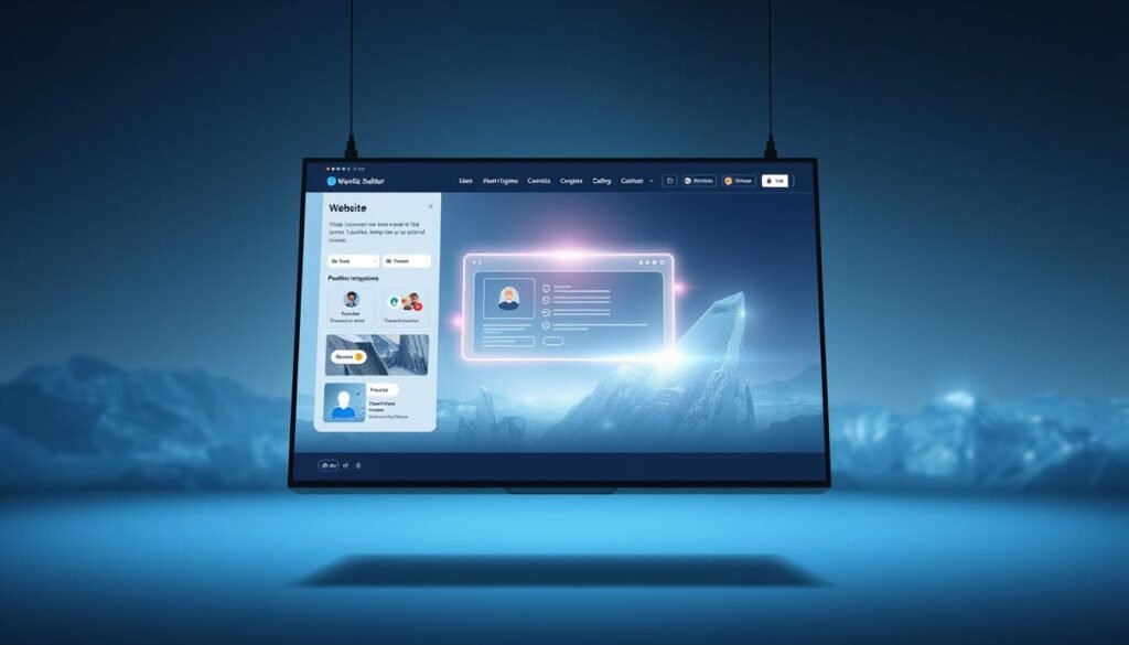A sleek, modern website builder interface suspended in a serene, ethereal environment. In the foreground, a clean, intuitive dashboard with customizable templates, AI-powered design tools, and seamless integration options. In the middle ground, a glowing holographic representation of a professional-grade website, its pages and elements dynamically shifting and reconfiguring. In the background, a softly lit landscape of abstract, crystalline shapes and gentle energy fields, evoking a sense of technological sophistication and boundless creative potential. Crisp, high-contrast lighting casts dramatic shadows, heightening the sense of depth and digital elegance. Captured with a wide-angle lens to emphasize the scope and scale of the AI-powered website builder experience.