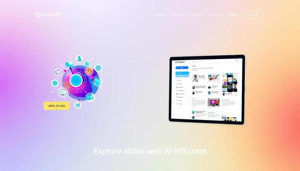 A sleek, modern website design with a clean, minimalist aesthetic. In the foreground, a striking AI-generated graphic depicting various web development tools and features, rendered in a vibrant, futuristic color palette. The middle ground showcases a responsive, mobile-friendly interface with seamless navigation and intuitive user interactions. In the background, a subtle gradient or geometric pattern creates a sense of depth and technological sophistication. The overall image conveys the power and efficiency of AI-driven web development, inspiring the viewer to explore the capabilities of SitesGPT.com.