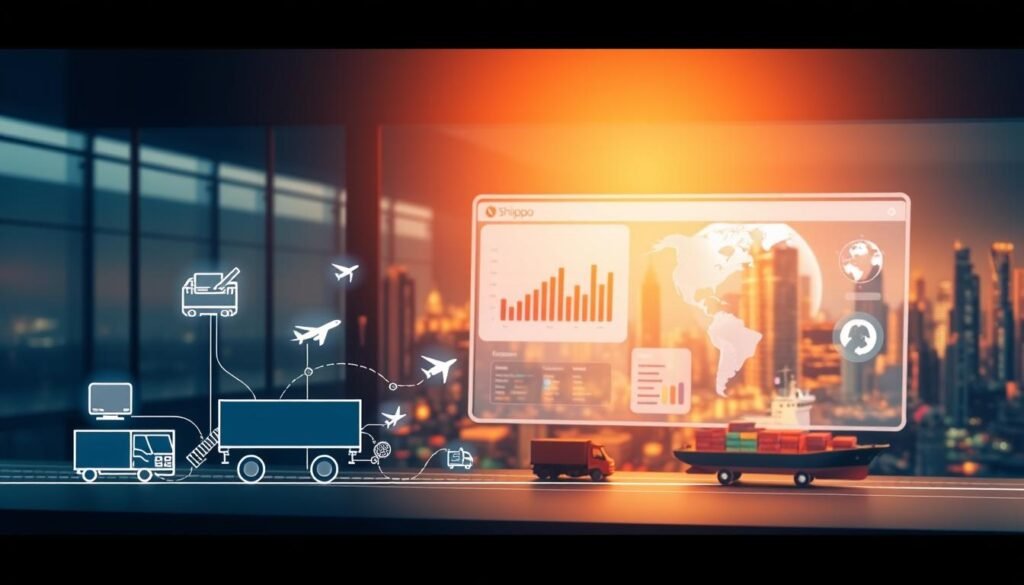 A sophisticated and cohesive shipping solution showcasing Shippo's comprehensive logistics offerings. In the foreground, a stylized illustration depicts a set of interconnected shipping icons - a package, truck, plane, and ship - representing the diverse transportation modes. The middle ground features a sleek, minimalist control panel with intuitive data visualizations, conveying the seamless management of international shipments. The background introduces a vibrant cityscape, hinting at the global reach and interconnectivity of Shippo's services. Warm, diffused lighting and a color palette of blues, grays, and metallics create a professional, high-tech atmosphere, reflecting the advanced technological capabilities of the integrated shipping solutions.