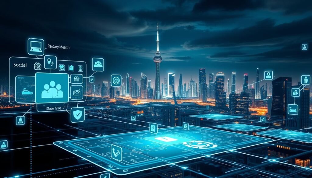 A sophisticated, futuristic digital landscape depicting the development of next-generation social media platforms. In the foreground, a holographic interface showcases innovative communication tools, with sleek, minimalist icons and fluid animations. The middle ground features a network of interconnected servers and data centers, conveying the technological infrastructure powering these dynamic platforms. In the background, a cityscape of gleaming towers and futuristic architecture sets the scene, suggesting the seamless integration of these platforms into the urban environment. The overall mood is one of progression, efficiency, and a vision for the future of social interaction, captured through a cinematic, high-contrast lighting scheme and a sharp, high-resolution lens.