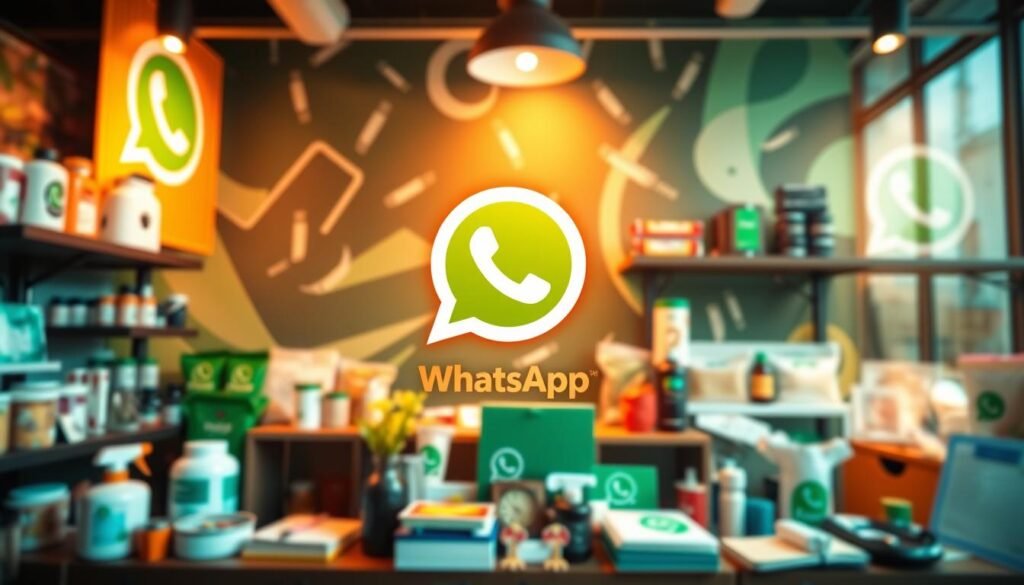 A thriving WhatsApp business showcase, featuring an array of products and services against a vibrant, dynamic background. Warm, natural lighting illuminates the scene, capturing the energy and potential of digital commerce. The composition blends seamlessly, drawing the viewer's eye towards the engaging visual elements that convey the benefits of leveraging WhatsApp for sales growth. A sense of momentum and opportunity permeates the image, inspiring the viewer to explore the possibilities of this powerful communication channel.