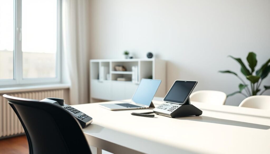 A well-lit, modern home office setup with a sleek, minimalist desk and a classic landline telephone in the foreground. The desk is positioned in front of a large window, allowing natural light to stream in and illuminate the space. On the desk, a laptop, a clean, organized workspace, and the landline phone create a harmonious arrangement. In the middle ground, bookshelves or decorative elements add depth and character to the scene. The background features a neutral, calming wall color that complements the overall aesthetic. The lighting is soft and diffused, creating a warm, inviting atmosphere that conveys the simplicity and affordability of the "Get Air Landline" service.