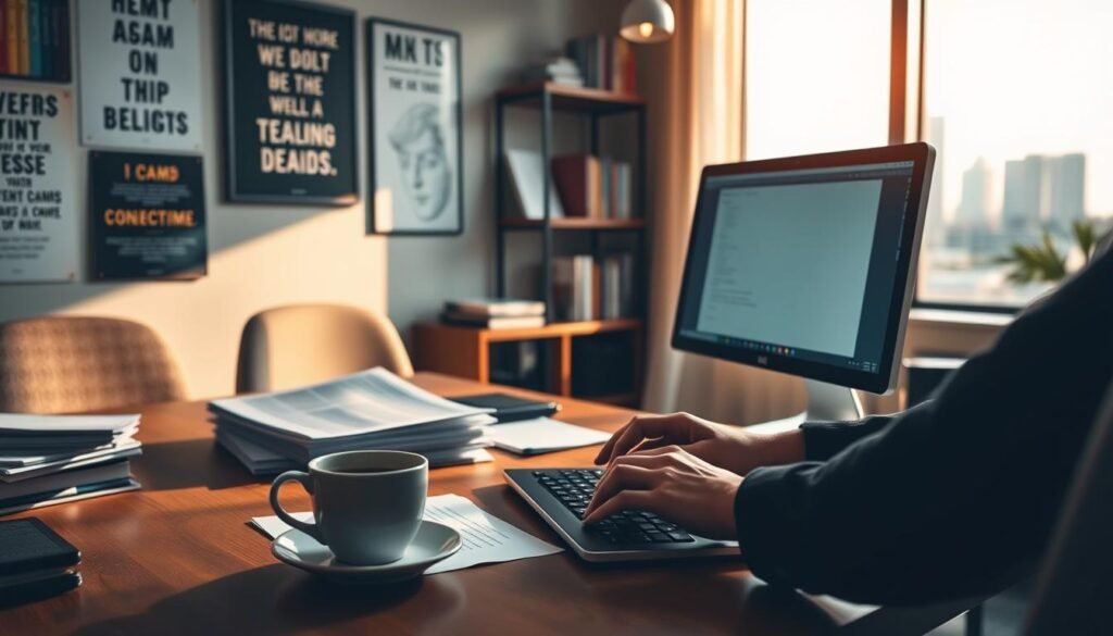 A well-lit office scene with a desktop computer, a stack of documents, and a cup of coffee on a wooden table. In the foreground, a person's hands are typing on the keyboard, conveying a sense of focus and productivity. The walls are adorned with motivational posters and shelves filled with books, creating an atmosphere of professionalism and diligence. The lighting is warm and inviting, casting a subtle glow on the scene. Through the window, a cityscape is visible, hinting at the broader context of an online business landscape. The overall mood is one of thoughtful strategy and careful consideration, reflecting the subject of "Strategies for Success on Flippa".