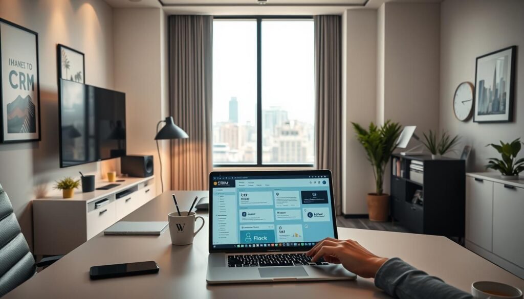 A well-organized office interior with a sleek, modern desk, featuring a laptop, smartphone, and a cup of coffee. The walls are adorned with inspirational artwork and productivity-enhancing technologies, such as a high-resolution monitor, smart speakers, and a digital calendar. Soft, indirect lighting creates a calm and focused atmosphere, while the large windows provide a view of a bustling city skyline. In the foreground, a user is interacting with a CRM software interface on their laptop, seamlessly automating various tasks and workflows to boost their productivity and efficiency.