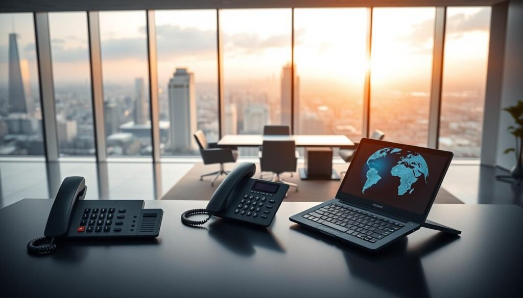 A wide, modern office interior with floor-to-ceiling windows overlooking a sprawling cityscape. In the foreground, a sleek, black desk with a high-end phone system and a laptop showcasing a globe icon, symbolizing reliable global connectivity. The middle ground features stylish, ergonomic chairs and a meeting table, conveying a sense of professionalism and productivity. The background is illuminated by warm, ambient lighting, creating a welcoming and sophisticated atmosphere. The overall scene exudes a feeling of trust, efficiency, and international communication.