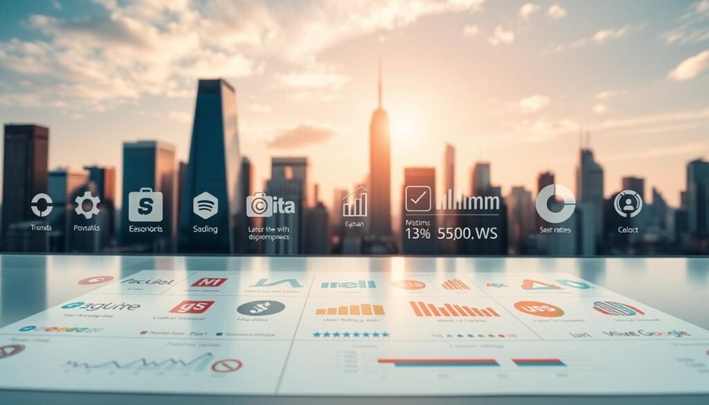 Detailed comparison of leading online business marketplaces, set against a bright, airy background. In the foreground, prominent product logos and icons representing various platforms for buying and selling businesses. In the middle ground, detailed charts and graphs showcasing key metrics like number of listings, sales volume, and user ratings. In the background, a cityscape with gleaming skyscrapers, symbolizing the thriving digital economy. Warm, professional lighting accentuates the crisp, clean aesthetic. Captured with a wide-angle lens to convey a sense of scale and comprehensive coverage of the topic.