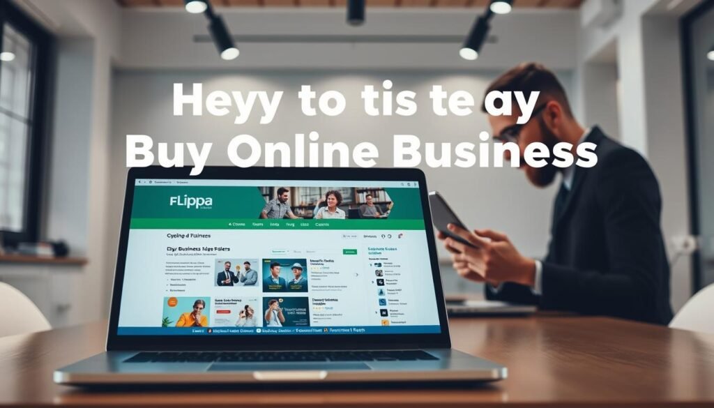 Detailed step-by-step guide to buying online businesses, presented in a clear and organized manner. In the foreground, a professional-looking laptop displaying a Flippa marketplace interface, with various business listings and details. In the middle ground, a person intently examining the laptop screen, carefully researching potential acquisition targets. The background showcases a modern, minimalist office setting with clean lines, neutral tones, and strategic lighting to convey a sense of professionalism and focus. The overall mood is one of thoughtful consideration, with an atmosphere of diligence and expertise in the process of acquiring an online business.