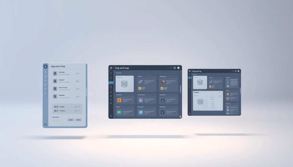 a highly detailed, photorealistic digital illustration of a drag and drop interface, set against a clean, minimalist background. The interface features various UI elements such as windows, buttons, icons, and a grid-based layout. The windows display various application workflows, with intuitive drag-and-drop functionality allowing users to easily rearrange and connect different components. The interface is well-lit, with soft shadows and highlights that accentuate the depth and materiality of the digital elements. The overall scene conveys a sense of efficiency, productivity, and user-friendliness, perfectly suited to showcase the key features of the Make.com automation platform.