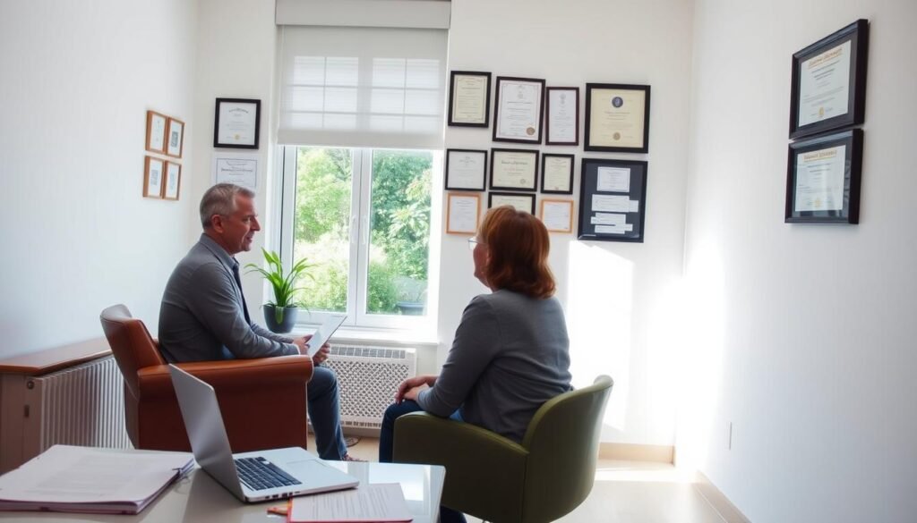 A bright, clinical examination room with clean, white walls and a large window overlooking a serene garden. In the foreground, a comfortable leather armchair and a desk with a laptop, notepads, and various psychological assessment tools. On the wall, an array of diplomas and certifications, conveying expertise and professionalism. The lighting is soft and indirect, creating a calming, introspective atmosphere. A patient sits across from the psychologist, engaged in a thoughtful, open discussion, their expressions reflecting the trust and rapport between them. The scene captures the essence of a comprehensive mental health evaluation, where the psychologist's role is to provide compassionate, evidence-based care and guidance.