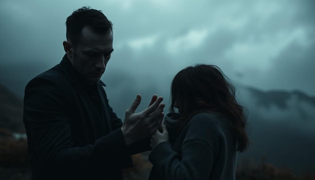 A dark, unsettling scene of a toxic relationship. In the foreground, a figure with a cold, empty gaze manipulates and controls their partner, who appears trapped and helpless. The middle ground is hazy, conveying an atmosphere of emotional suffocation and psychological turmoil. The background is a blurred, distorted landscape, suggesting the distorted reality and lack of stability in this dysfunctional dynamic. Muted colors and harsh shadows create a moody, ominous tone, reflecting the underlying psychopathy that poisons the interaction. The composition is off-center, creating a sense of imbalance and unease. Captured through a wide-angle lens, the scene feels claustrophobic and inescapable. A dark, unsettling scene of a toxic relationship. In the foreground, a figure with a cold, empty gaze manipulates and controls their partner, who appears trapped and helpless. The middle ground is hazy, conveying an atmosphere of emotional suffocation and psychological turmoil. The background is a blurred, distorted landscape, suggesting the distorted reality and lack of stability in this dysfunctional dynamic. Muted colors and harsh shadows create a moody, ominous tone, reflecting the underlying psychopathy that poisons the interaction. The composition is off-center, creating a sense of imbalance and unease. Captured through a wide-angle lens, the scene feels claustrophobic and inescapable.