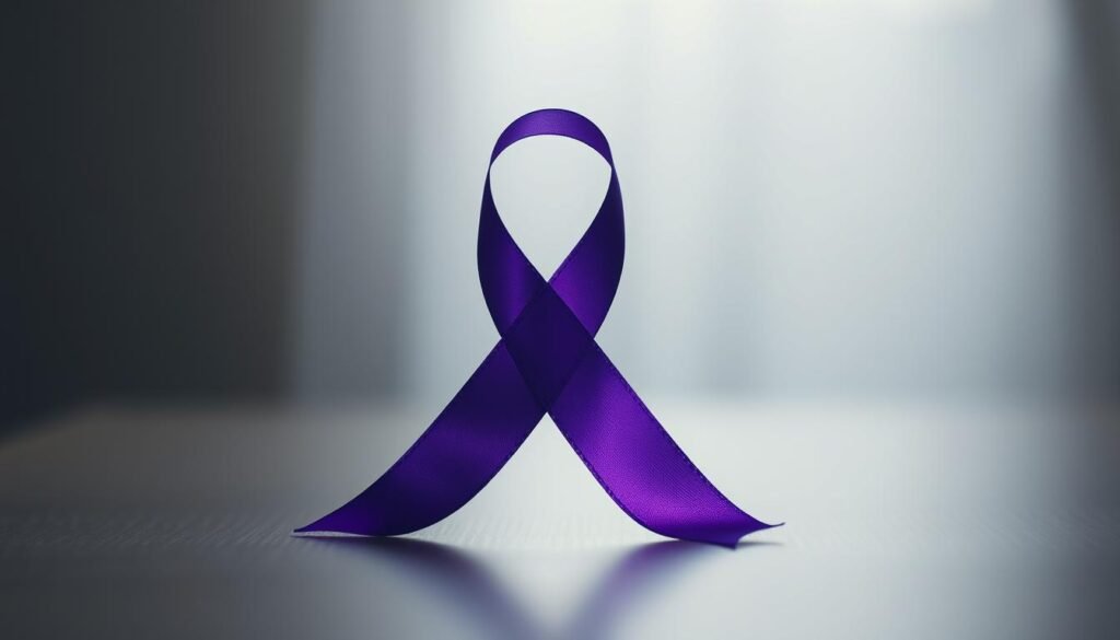A delicate, satin-textured suicide prevention ribbon, positioned centrally in the frame. The ribbon's vibrant purple hue gently catches the soft, diffused light, creating a sense of dignity and solemnity. The ribbon is captured against a blurred, out-of-focus background, emphasizing its symbolic significance. The lighting is subtle and moody, casting a contemplative atmosphere. The camera angle is slightly elevated, lending a sense of reverence to the subject. The overall composition is minimalist and elegant, allowing the ribbon to be the sole focus, conveying the gravitas of the suicide awareness message.