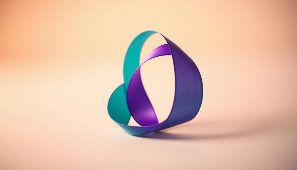 A delicate teal and purple ribbon, gently curling and intertwining, rests against a soft, muted background. The lighting is warm and diffused, creating a contemplative, introspective atmosphere. The ribbon's colors symbolize the awareness and support for suicide prevention, a potent yet soothing visual representation of this important cause. The composition draws the viewer's eye to the center, where the ribbon's elegant form takes center stage, inviting contemplation and reflection on the significance of this powerful symbol.