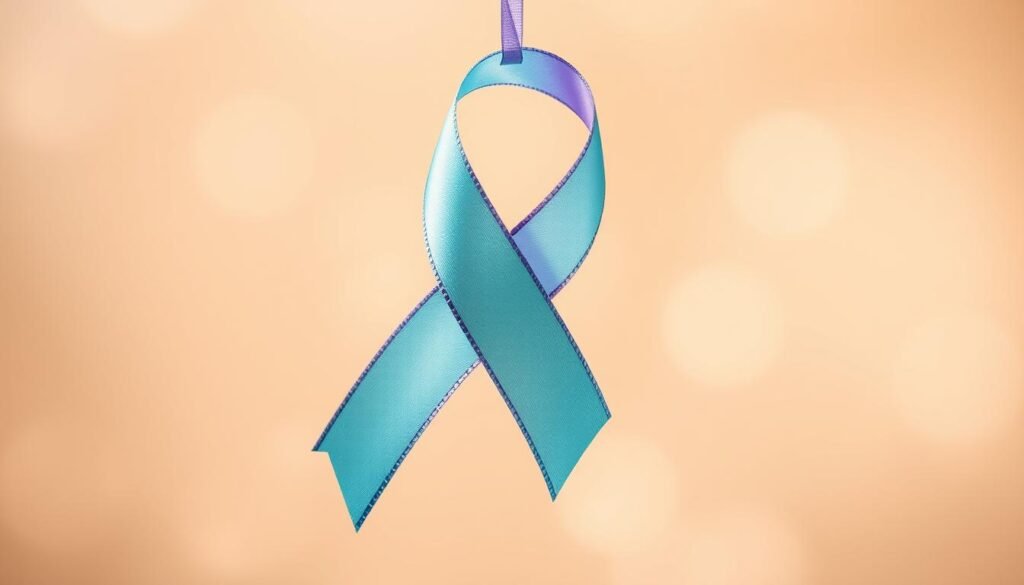 A delicate teal ribbon unfurls gracefully, its shimmering hues complemented by the soft, ethereal glow of a purple ribbon intertwined. The ribbons are suspended in a serene, ethereal space, bathed in a warm, diffused light that creates a sense of tranquility and contemplation. The focus is sharp on the ribbons, drawing the viewer's attention to their symbolic significance as a representation of hope, resilience, and the strength to overcome challenges. The background is slightly blurred, allowing the ribbons to take center stage and evoke a sense of introspection and quiet reflection.