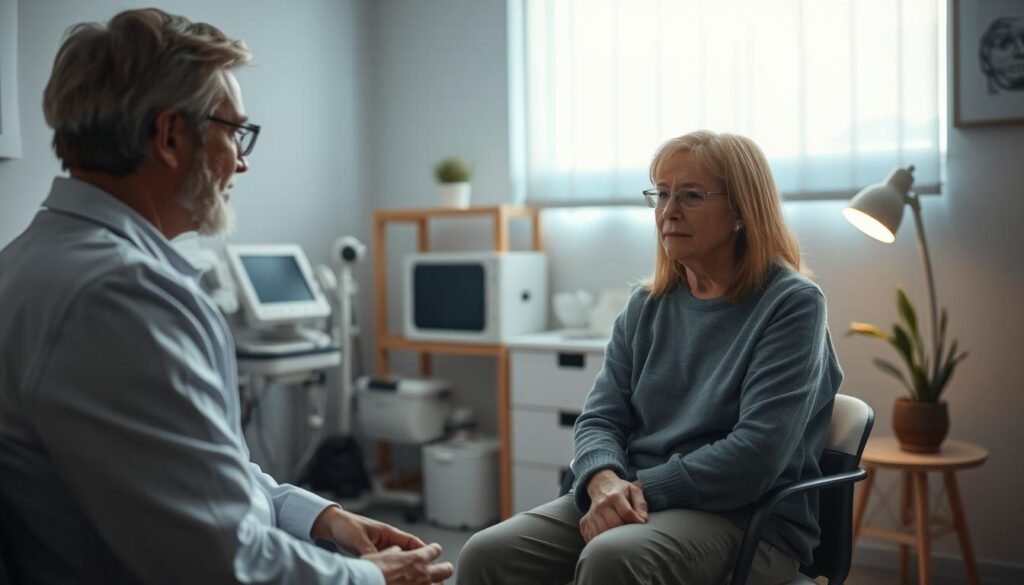 A dimly lit, clinical setting with a sense of tranquility and care. In the foreground, a psychiatrist sits across from a patient, their expressions conveying empathy and understanding. Medical equipment and calming decor fill the middle ground, creating an atmosphere of professionalism and comfort. The background features soothing hues and subtle textures, suggesting a space designed for mental wellness and healing. Soft, natural lighting illuminates the scene, casting a warm glow and evoking a sense of safety and trust. The overall composition communicates the psychiatrist's role as a partner in the patient's journey towards mental health.
